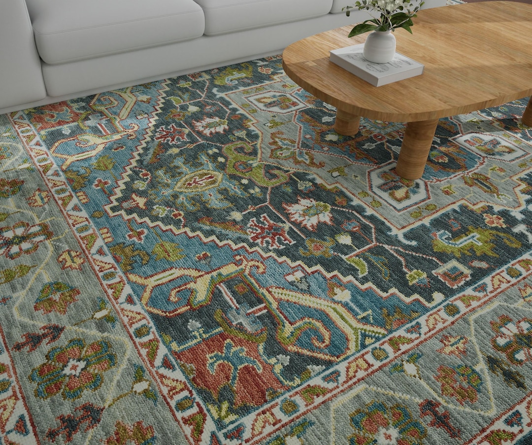 Gray Blue Green Rug, Colorful Oushak Rug 8x10, Vintage