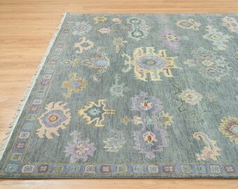 8'x10' Gray Turkish Rug, Floral Oushak Rug With Pale Green Accent, Handmade Oriental Rug, Large Area Rug:  Silver Wings Wool Rug AR_3357