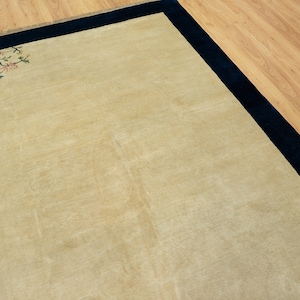 7&#39;x10&#39; Timeless Elegance: Handcrafted Vintage Chinese Deco Rug with Opulent Beige Field and Navy Border&quot; D_6060