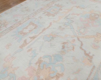 Handmade Oushak Wool Rug 9x12, Peach Pink Blue Green, Muted Turkish Rug ARN_09