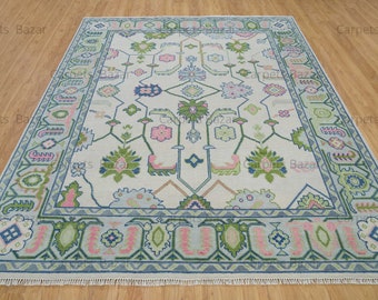 Colorful Area Rug| Oushak Rug Ivory, Powder Blue, Grass Green & Raspberry Pink| Modern Floral Wool Rug Rug For Living Room: Oh My! AR-3708