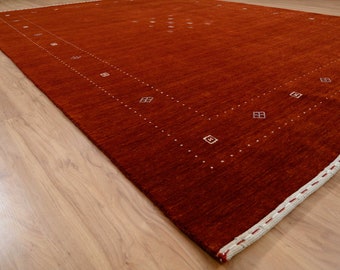 9' x 12' Oversize Rustic Deco Gabbeh , Handwoven Soft Pile Carpet with Modern Minimal Design, Rust Red 9x12
