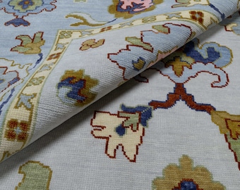 Ice Blue Oushak Rug, Colorful Floral Wool, Large Area Rug  AR_3831