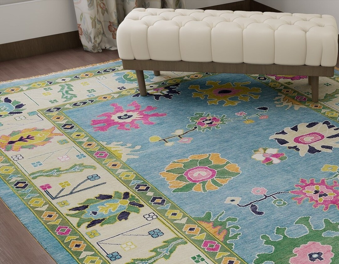 Colorful Oushak Rug, Blue Turkish Rug With Pink Accent, Beige Border