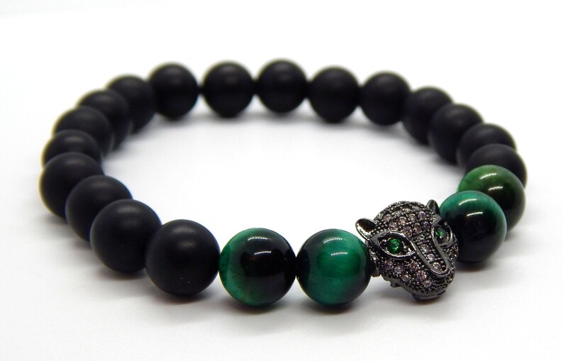 Jaguar Bracelet Mother Day Unisex Bracelet| Christmas Gift Couples Bracelet Black Matte and Green Tiger Eye Beads 8mm