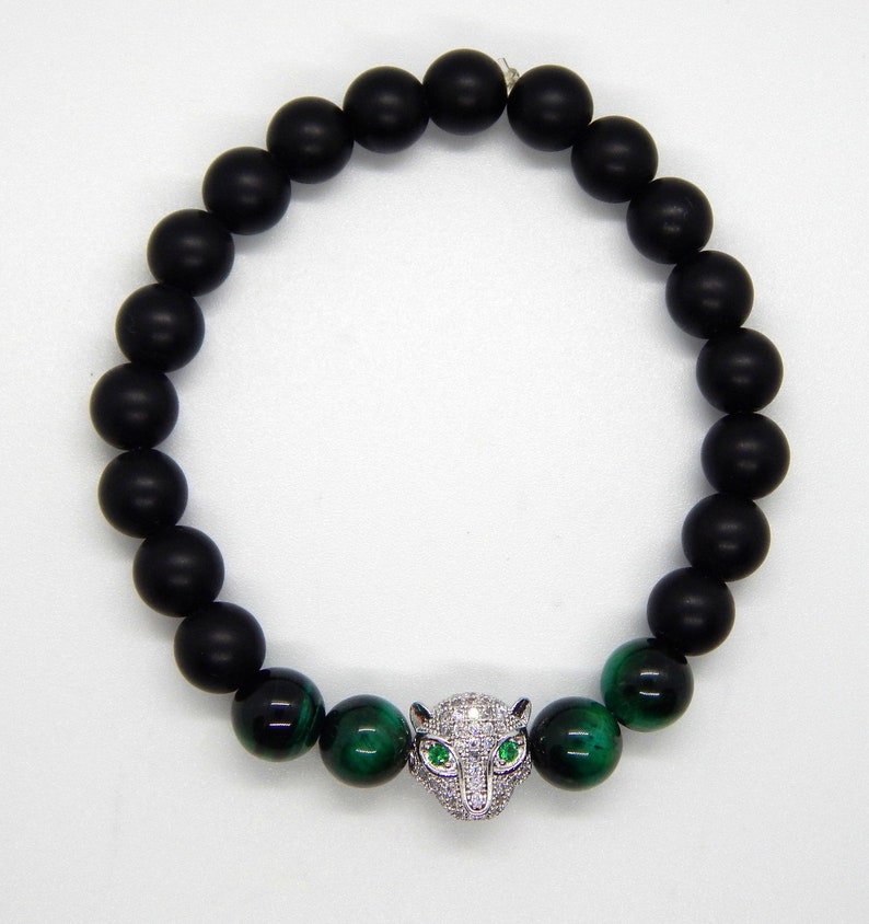 Jaguar Bracelet Mother Day Unisex Bracelet| Christmas Gift Couples Bracelet Black Matte and Green Tiger Eye Beads 8mm