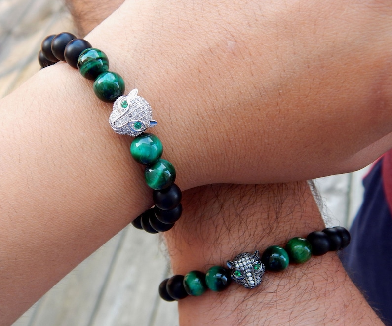 Jaguar Bracelet Mother Day Unisex Bracelet| Christmas Gift Couples Bracelet Black Matte and Green Tiger Eye Beads 8mm
