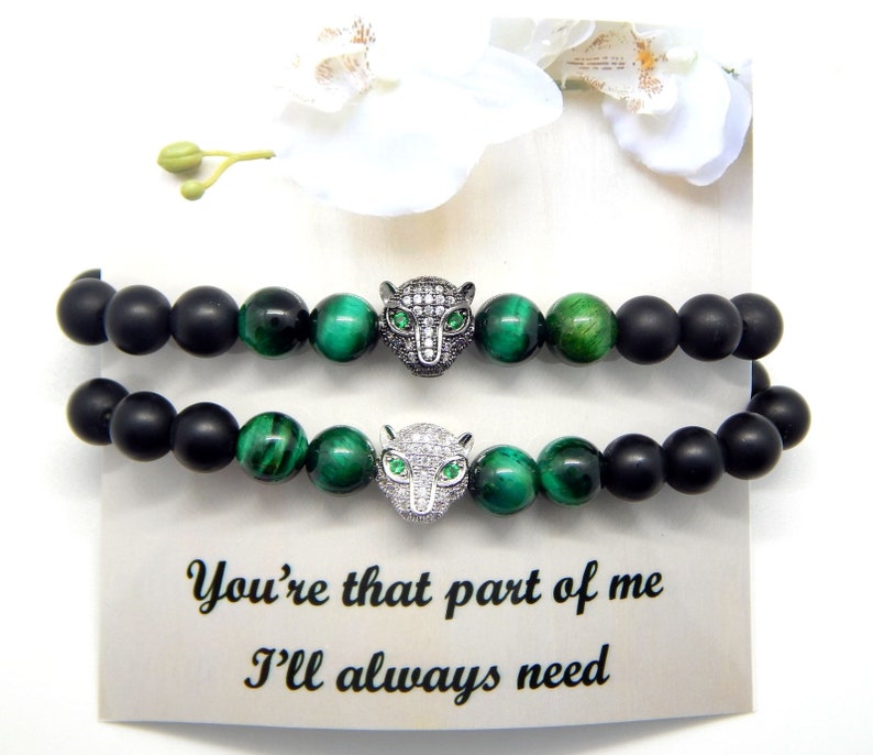 Jaguar Bracelet Mother Day Unisex Bracelet| Christmas Gift Couples Bracelet Black Matte and Green Tiger Eye Beads 8mm