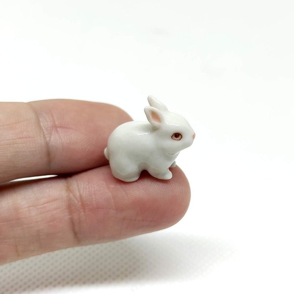 Rabbit Dollhouse Miniature Figurines Hand Painted Ceramic Animals Collectible Gift Home Garden Décor (White)