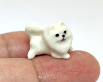 Pomeranian Micro Tiny Figurines Ceramic Hand Painted Animals Collectible Dog Lover Gift Home Decor, White Squat