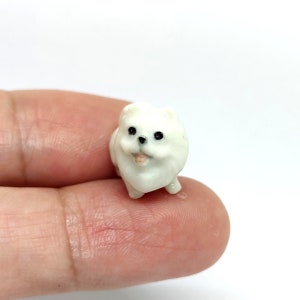 Pomeranian Micro Tiny Figurines Ceramic Hand Painted Animals Collectible Dog Lover Gift Home Decor, White Stand