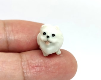 Pomeranian Micro Tiny Figurines Ceramic Hand Painted Animals Collectible Dog Lover Gift Home Decor, White Stand