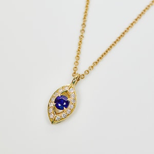 Blue Sapphire Evil Eye Necklace, Boho Alternative Handmade Women's, 18ct Yellow Gold image 1