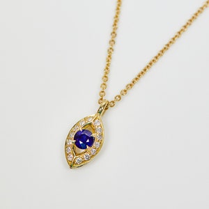 Blue Sapphire Evil Eye Necklace, Boho Alternative Handmade Women's, 18ct Yellow Gold image 1