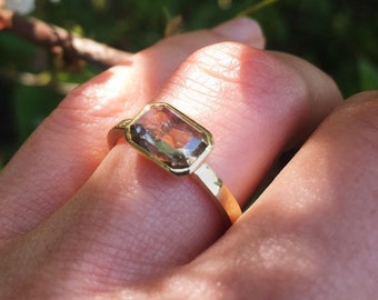 1.46ct Emerald Cut Salt and Pepper Diamond Engagement Ring, Alternative Diamond Right-hand Ring, Women's 18k Yellow Gold Ring, Handmade