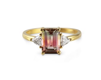 Handmade 1.65ct Emerald Cut Watermelon Tourmaline Engagement Ring, Alternative Gemstone Trilogy Ring, 18k Yellow Gold