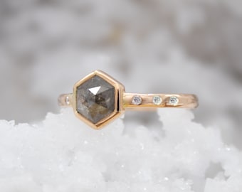 1.50ct Salt and Pepper Hexagon Diamond Ring, 18k Rose Gold with Natural White Diamonds, Alternative Diamond Ring