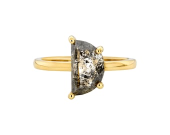 2.20ct Half Moon Salt and Pepper Diamond Engagement Ring, Alternative Grey Rose-cut Right-hand Ring, Women's 18k Yellow Gold Ring, Handmade