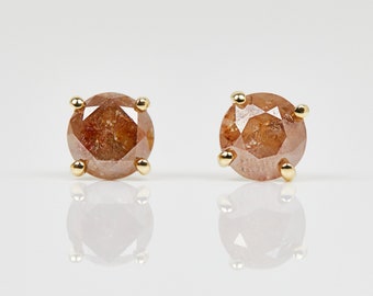 1ct Round Brilliant Cut Burnt Orange Diamond Earrings, 18k Yellow Gold, Alternative Diamond Stud Earrings