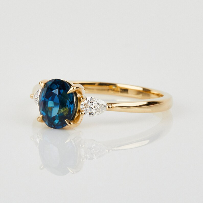 1.31ct Teal Sapphire and Diamond Engagement Ring, 18ct Yellow Gold, Alternative Engagement or Statement Ring, Hand Made Bespoke Ring image 2