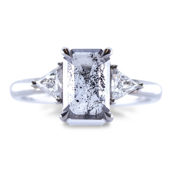 1.18ct Emerald Cut Salt and Pepper Diamond Engagement Ring Custom Hand Made Trilogy Ring Alternative Natural Diamond Ring Platinum Etsy