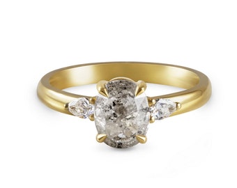 Handmade 1.15ct Oval Salt and Pepper Diamond Engagement Ring, 18ct Yellow Gold Diamond Trilogy Ring
