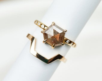 Handmade 2.43ct Hexagon Salt and Pepper Diamond Engagement or Statement Ring, Unique Custom Ethically Sourced Diamond Ring, 18k Yellow Gold