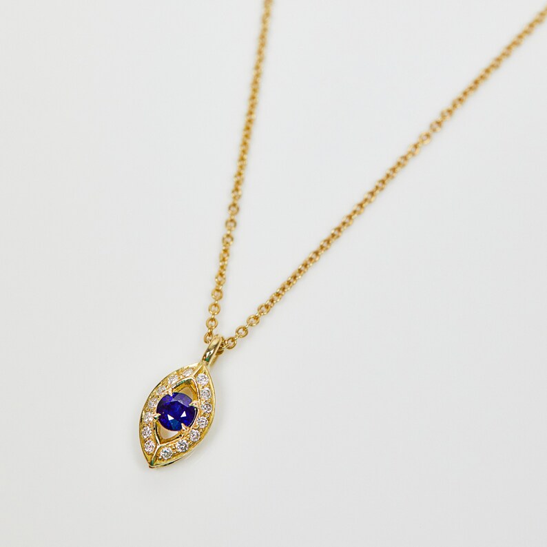 Blue Sapphire Evil Eye Necklace, Boho Alternative Handmade Women's, 18ct Yellow Gold image 1