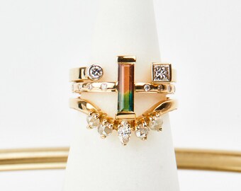 Bespoke 0.40ct Baguette Shape Watermelon Tourmaline Statement Ring, 18ct Yellow Gold