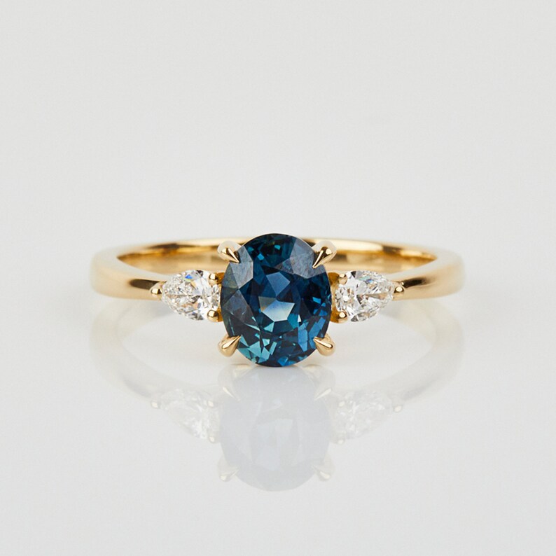 1.31ct Teal Sapphire and Diamond Engagement Ring, 18ct Yellow Gold, Alternative Engagement or Statement Ring, Hand Made Bespoke Ring image 1