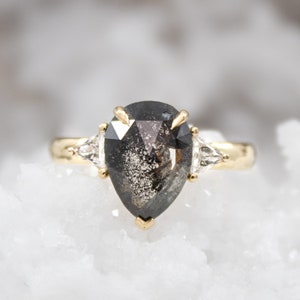 1.77ct Pear Shape Salt and Pepper Diamond Engagement Trilogy Ring, Recycled 18ct Yellow Gold image 1