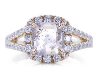 1.06ct Cushion Shape Rose Cur Salt + Pepper Diamond Halo Engagement Ring, Hand Made Galaxy Alternative Natural Diamond Ring, 18k Yellow Gold