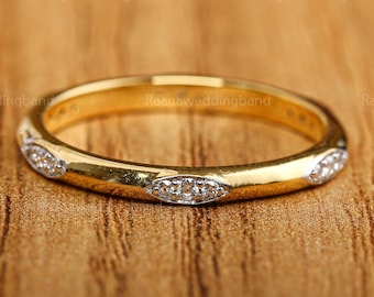 Vintage Round Moissanite Wedding Band Rose Gold Handmade Engraved Stacking Bridal Anniversary Ring