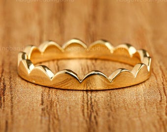Dainty Scallop Wedding Band Simple Tiny Dainty  Full Eternity Half Sun and Moon Wave Sunburst Pattern Bold Stackable Statement Ring