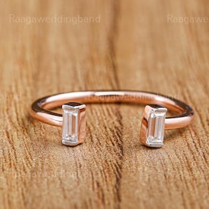 Baguette Diamond Cuff Ring 14K Rose Gold Adjustable Open Front Minimalist Wedding Stackable Band Promise Anniversary Matching Band