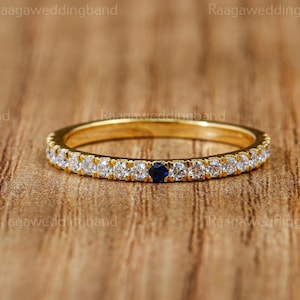 Round Diamond Matching Wedding Band Full Eternity Diamond Band For Her With One Blue Sapphire Diamond Birthstone Anniversary Ring