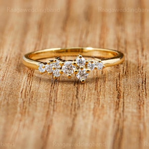 Diamond Cluster Ring for Women 14k Solid Gold, Dainty Stackable Wedding Band, Minimalist Moissanite Diamond Jewelry Anniversary Gift for Her