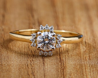 Obrączka ślubna Daisy Diamond Flower z 14-karatowego złota z moissanitem, kwiatowym akcentem w stylu art déco