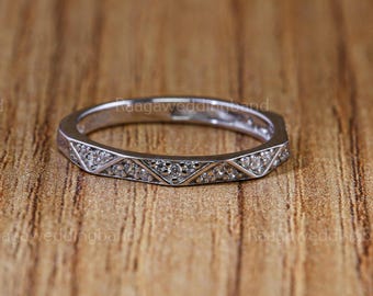 Pavé Diamond Triangle Wedding Band 14K Gold Geometric Eternity Ring Dainty Stackable Ring