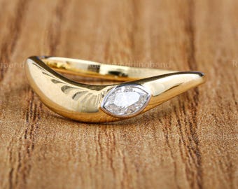 Marquise Diamond Flush Set Chunky Gold Curve Statement Wedding Band 14K Solid Gold Modern Art Deco Anniversary Gift For Her