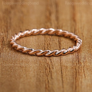 Shiny Eco Friendly Recycled Titaninum 14K Rose Gold Twist Rope Skinny Infinity Wedding Band Stacking Ring Anniversary Gift For Her