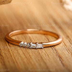 Baguette & Round Cut Diamond Ring, 14K Solid Gold Thin Stacking Band, Morse Code Ring, Minimalist Wedding Ring