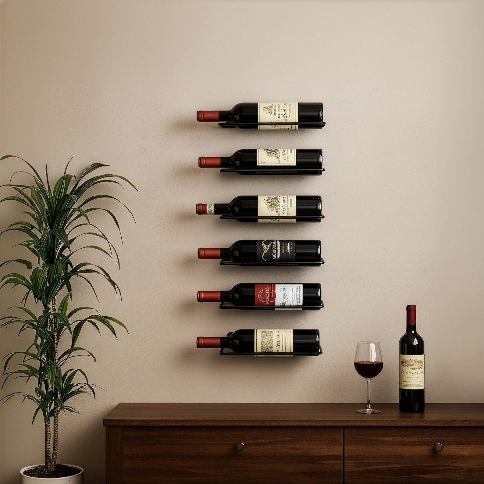 Metal Wall Wine Rack Set – Modern Minimalist Bottle Display (6 pcs) - 1, Black