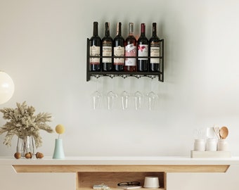 Modern Metal Wall-Mounted Wine Rack - Holds 5 Bottles and 5 Glasses