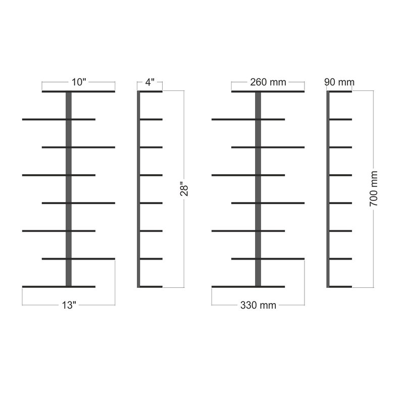 May include: Diagram of four shelves. The first shelf is 10 inches wide and 13 inches long. The second shelf is 4 inches wide and 28 inches tall. The third shelf is 260 mm wide and 330 mm long. The fourth shelf is 90 mm wide and 700 mm tall.