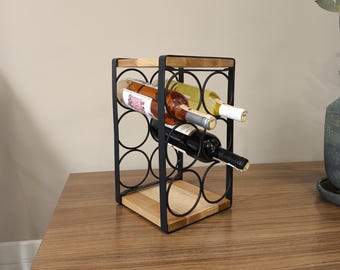 Wooden and Metal Wine Rack – 6-Bottle Capacity, Modern Wine Storage Stand