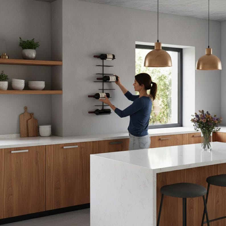 May include: A black metal wall-mounted wine rack holding several bottles of red wine. The rack is mounted on a gray wall in a kitchen setting. A person is seen placing a bottle into the rack. The kitchen has wooden cabinets and a white countertop.