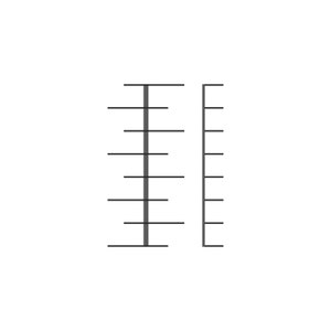 May include: Two dark gray, vertical, parallel lines with evenly spaced horizontal lines extending from them. The lines are of different lengths, suggesting a measurement or scale. The background is plain white.