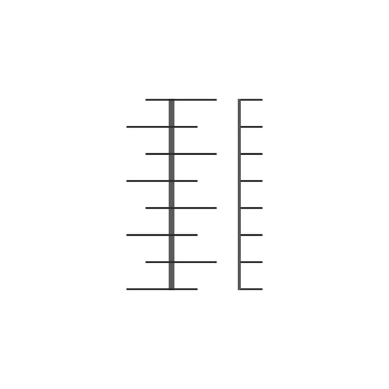May include: Two dark gray, vertical, parallel lines with evenly spaced horizontal lines extending from them. The lines are of different lengths, suggesting a measurement or scale. The background is plain white.