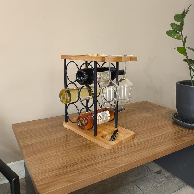 Wood & Metal Wine Rack – 6 Bottle and Glass Holder – Rustic Industrial ...